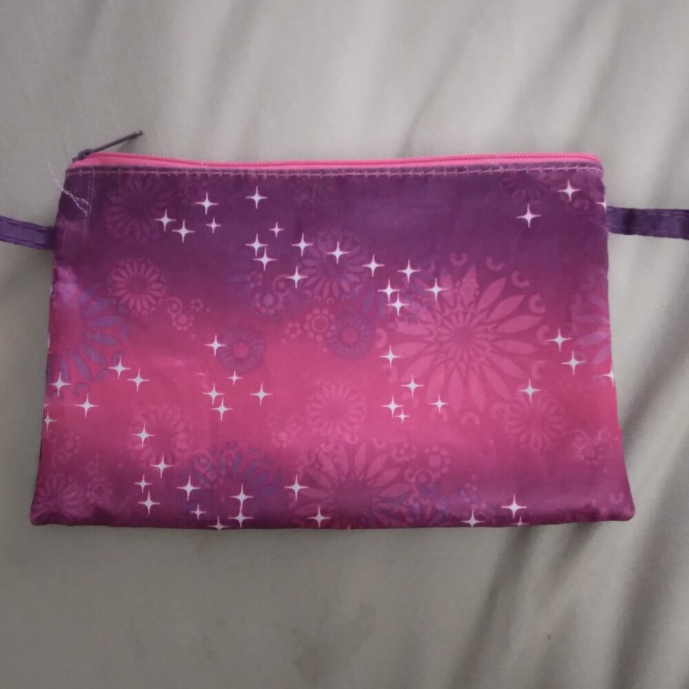 Pink and purple travel pouch.